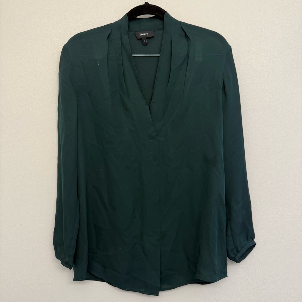 Theory Deep Teal V-Neck Long Sleeve Blouse